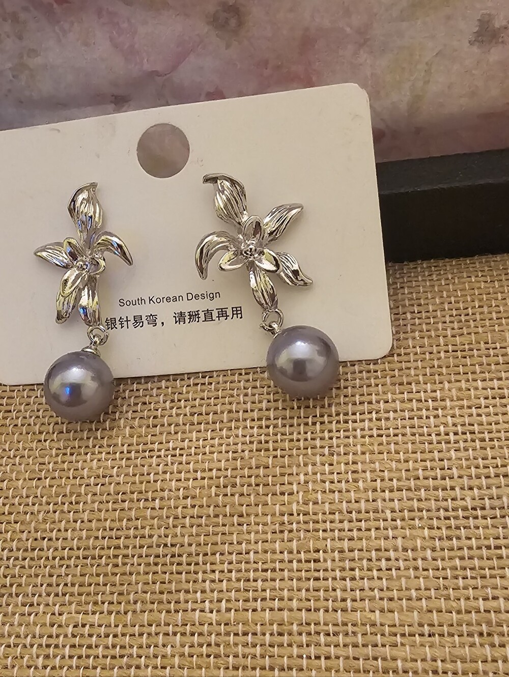 NWT South Korean Design Silver Orchid Flower Gray Pearl Drop Post Earrings